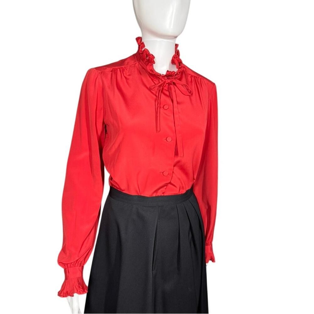 Posh by Jay Anderson Vintage 60s / 70s Red Ruffle 100% Silk Blouse Size Small